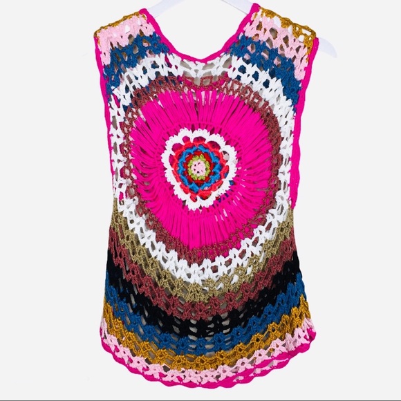 Boho Round Neck Crochet Hollow Top With Cap Sleeves & Scoop Neck Pink Size Small - Picture 6 of 7